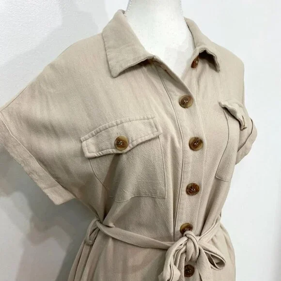 LOST + WANDER LINEN BLEND SAFARI BELTED CROPPED JUMPSUIT IN BEIGE - S - Picture 5 of 10